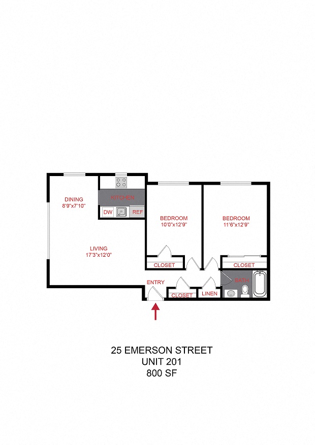 Floor plan for 2 beds, 1 bath, 800 sqft